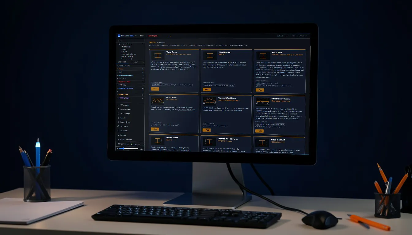 StructuralClaw module catalog on a monitor: wood, steel, concrete, masonry, foundations and loads modules